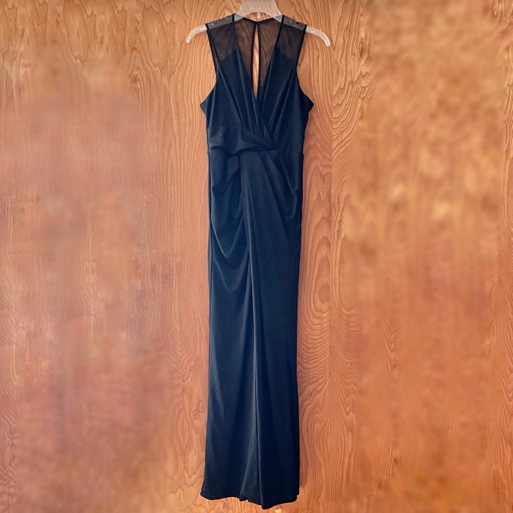 Parker Black evening gown, black sheath, mesh straps, front slit, size 2 - Picture 2 of 13